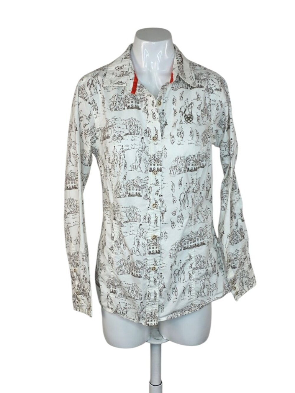 Ariat Equestrian Print Button Up Shirt, Long Sleeve, White, Horses, Western, M